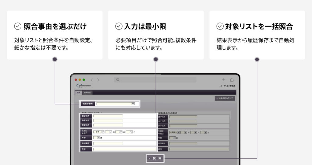 Kerux照合アプリの3つの特徴、「照合事由を簡単設定」「最小限の入力」「一括照合」機能とその画面例。